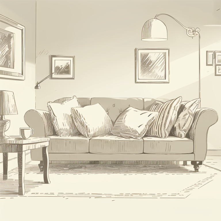 (masterpiece, best quality:1.1), (sketch:1.1), paper, no humans, sofa, couch, living room, coffee table, cup, rug, lamp, b...